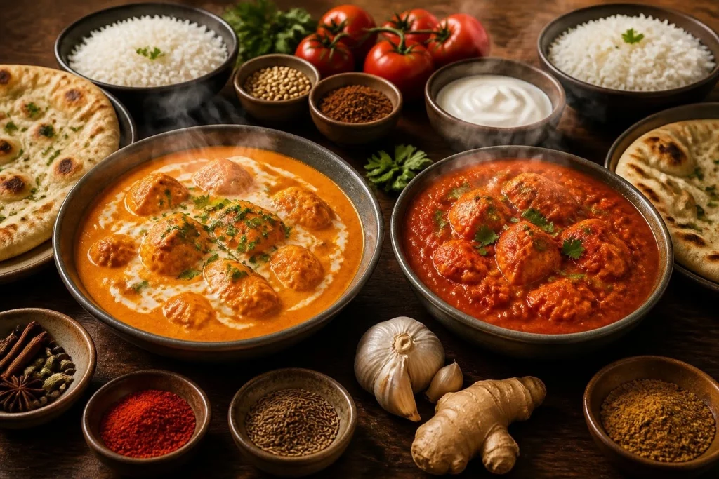 Two Indian chicken dishes are arranged side by side with rice, naan, and fresh garnishes.