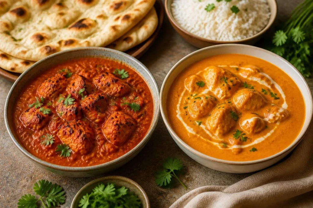 Two bowls of Indian chicken curry, with tomato-based tikka masala on the left and creamy butter chicken on the right, served with naan and rice