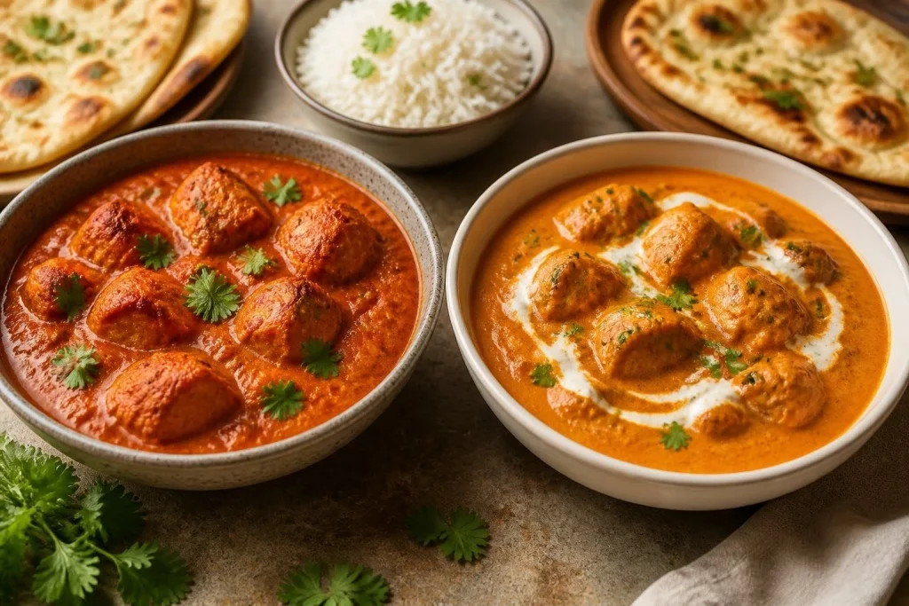 Two bowls of Indian curry, tikka masala and butter chicken, served with naan and rice.