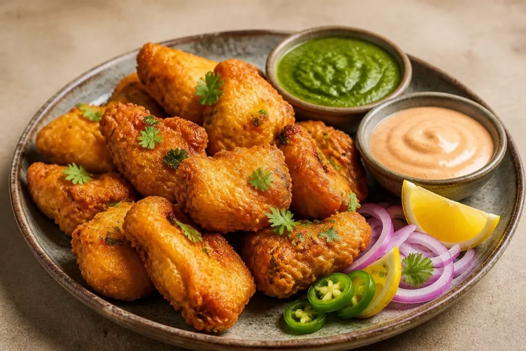 A platter of golden fish pakoras with chutney, dipping sauce, lemon wedges, and fresh garnishes.