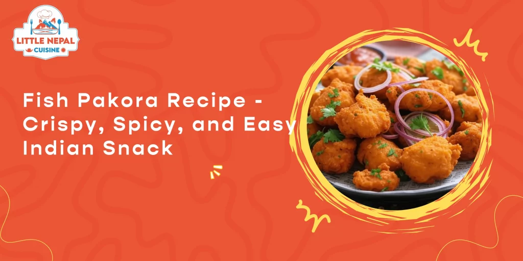 A close-up of a plate filled with crispy, golden-orange fish pakoras, garnished with thinly sliced red onions, fresh green cilantro, and lemon wedges. The fish pakoras are coated in a spiced gram flour batter, deep-fried to perfection, and arranged on a dark plate lined with newspaper. The background includes small bowls of ketchup and tamarind chutney. A soft pink fabric and scattered spices add depth to the scene. The lighting is bright, highlighting the crunchy texture of the pakoras and the vibrant garnishes.