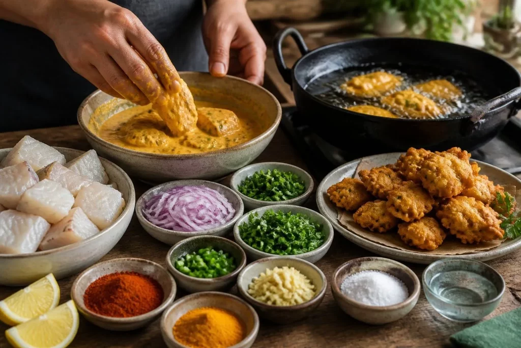 Hands coat pieces of fish in spiced batter beside ingredients and freshly cooked fish pakoras.