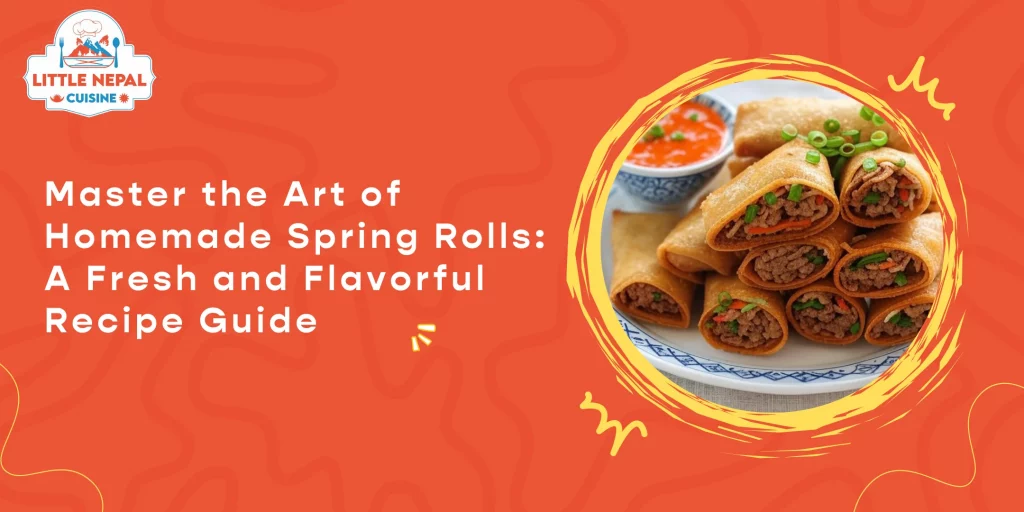 Crispy spring rolls are arranged on a decorative white plate with a blue geometric pattern. The spring rolls should be neatly rolled, with some showing a glimpse of the filling (shredded vegetables and possibly meat) at the ends. Garnish the spring rolls with a few fresh green onion slices scattered on top and around the plate for a pop of colour. In the background, include a small white dipping bowl with a blue pattern, filled with a vibrant orange-red sweet chili dipping sauce, also garnished with a small piece of green onion. The setting should be on a light-colored, textured tablecloth with a soft, slightly blurred background to emphasize the food. The lighting should be warm and natural, highlighting the crispy texture of the spring rolls and the glossy shine of the dipping sauce.