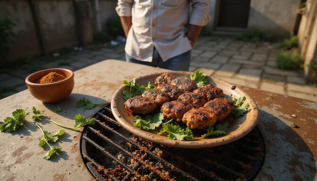 A man grills seekh kababs on a weathered backyard grill